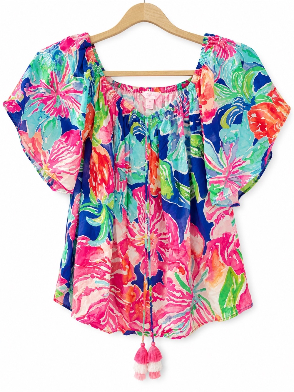 Bright Floral Off-Shoulder Peasant Top - Pink & Blue